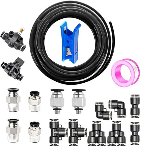HUAZIZ 10m Polyuréthane Tuyau Pneumatique Noir, 6mm x 4 mm (ODxID) PU Tuyau Air avec 16 Connecteur Pneumatique(Noir 2 Droits, 2 Coudes, 2 Raccords en T, 2 Séparateurs enY, 6 Raccords Filetés Mâle)