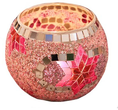 Bougeoir en Verre Mosaïque, 10,5 x 7 cm, Mosaïque Photophore Craquelé Porte-Bougie Romantique, Bougeoir Fait Main en Verre Motif pour Décoration Intérieure, Rose