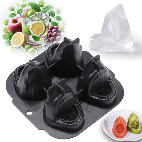 Silikon Eiswürfelform Hai, 3D Großhai Eiswürfelformen, Wiederverwendbar Eiswürfelbehälter mit Deckel und Trichter, BPA-Frei, leicht zu lösen, für Eis, Whiskey, Cocktail, Saft