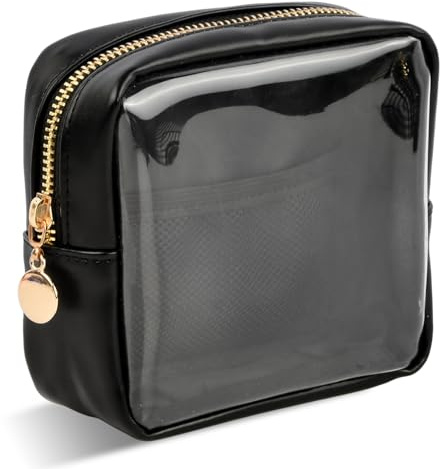 Durchsichtig Kosmetiktasche, Wasserdicht Kleine Schminktasche, Transparente Make Up Tasche, Portable Mini Kosmetiktasche, Reise Kulturtasche en PU Leder, Tragbare Kosmetischer Reisetasche, Schwarz