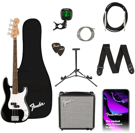 Fender Squier Debut Series Precision Bass Guitar Pack, Beginner Guitar Pack, 2-Year Warranty, Includes Rumble 15 Amplifier, Padded Gig Bag, Instrument Cable, and More, Black with Satin Urethane Finish