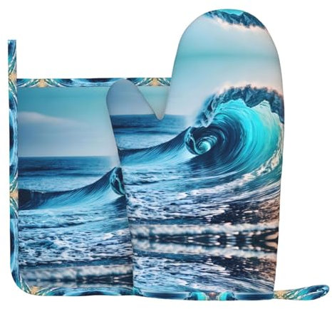 Ocean Sea Wave Silikon-Ofenhandschuhe und Topfmatte, Küche, Kochen, Grill, Ofenhandschuhe
