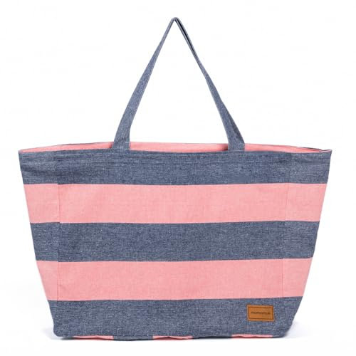 MOMOMUS Große Strandtasche XXL Familie - Wendbar, Gestreiftes und glattes Design, Geräumig - 50x40, Blau-Orange