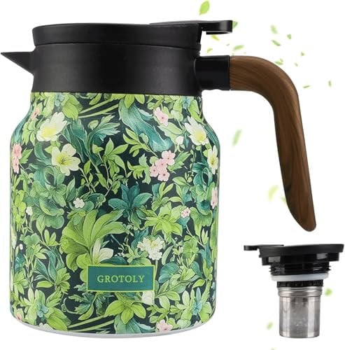Vintage Floral Pattern Insulated Thermal Teapot, 800 ml Stainless Steel Tea Thermos, Teapot with Infuser for Hot Tea and Cold Drinks, Tea and Coffee Jug(Green)