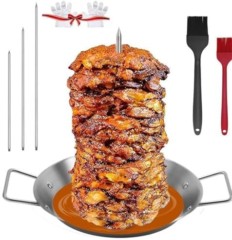 Poêle gyroscopique en acier inoxydable 304 pour four, avec 3 pointes amovibles et brosses pour tacos Al Pastor, Shawarma, kebabs, plats de barbecue