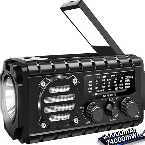 20000mah Hand Crank Emergency Radio, SW/NOAA/AM/FM Weather Radio, Solar Powered Hand Crank Charger with Big Battery Powered, Portable, Cellphone Charge, SOS, Flashlight for Emergency/Home (Black)