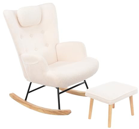 Schaukelstuhl mit Hocker lesesessel Schaukelsessel Wohnzimmer,Aus Teddyplüsch bis 136 kg mit Kopfstütze,Seitentaschen und Fußstütze Lounge Chair fürs Wohnzimmer Schlafzimmer Balk