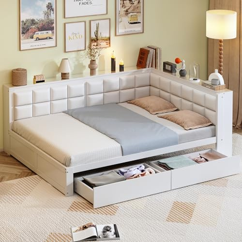 Dolamaní Daybed-Tagesbett 140x200 cm Holz mit Stauraum Schubladen und Polster Rückenlehnen für 2 Person Jugendliche Erwachsene Gäste, Doppelbett Jugendbett (Weiß B)
