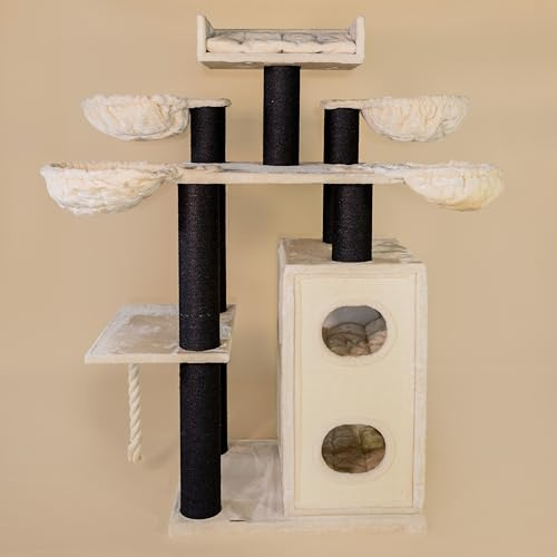 RHRQuality Kratzbaum für große Katzen – Cat Paradise Plus – Mit Kratztonne – Luxuriöser Liegeplatz – Ø 15 cm Sisalstämme – Blackline Creme