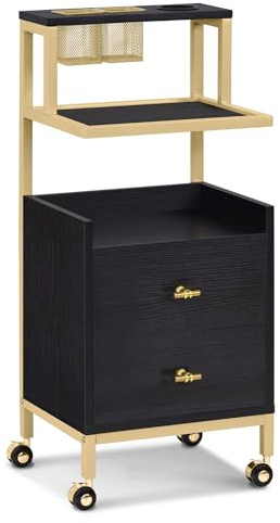 Barberpub Rollwagen Servierwagen, Friseurwagen mit Rollen & 2 Schubladen, Salon Trolley mit 2 Ablagen & Föhnhalter, Moderner Arbeitswagen für Bad Wohnzimmer, 0029 (Schwarz-Gold)