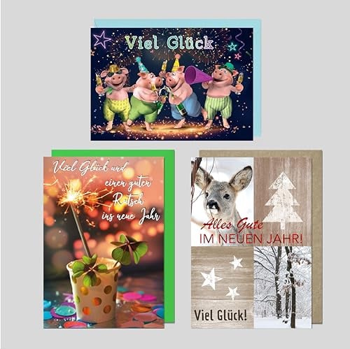 Michel Verlag Neujahrskarten Set | 3 hochwertige Karten zu Silvester, Jahreswechsel & Neujahr | Glückwunschkarten „Viel Glück“ & „Guten Rutsch“ mit ansprechenden Motiven | Nachhaltig produziert in DE