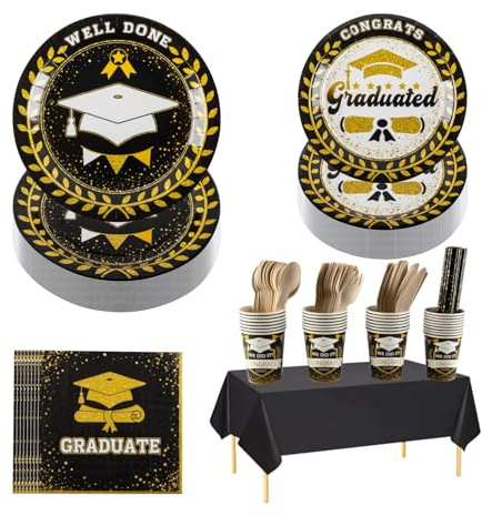 CEILIWEN Set da tavola per laurea per 30 ospiti, piatto, tazza, tovagliolo, cannuccia, posate, tovagliolo, decorazione per feste di laurea, 242 pezzi, nero e oro (set nero e oro)
