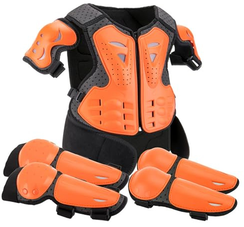 Kinder-Motorradbekleidung, Kinder-Motorradausrüstung, 1 Set, atmungsaktiv, stoßfest, verstellbare Schutzausrüstung, widerstandsfähige Körperpanzerung für Dirtbike, Fahrrad, Skateboard, Orange, Körper
