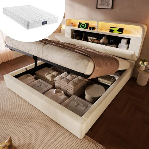 DEKKETO Boxspringbett 160x200 mit LED, 3 USB, 1 Tpy C, Beige, mit Matratze | Polsterbett, Leinenstoff, hydraulischer Hebemechanismus, Kopfteilablage, Holzlattenrost, Metall-Holzrahmen, bis 250kg