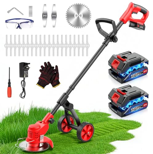 Cordless Strimmer with Wheels, Garden Battery Strimmer with 4000mAh, 4 in 1 Grass Trimmer/Cordless Strimmer/Grass Edger/Small Lawn Mower, Grass Strimmer with Blade, 2 Battery