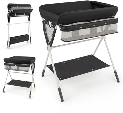 COSTWAY Table à Langer Pliante pour Bébé, Table à Langer Portable Réglable en Hauteur sur 3 Niveaux avec Roulettes Étagère et Panier, Station Organiseur Mobile pour Nouveau-nés (Noir)