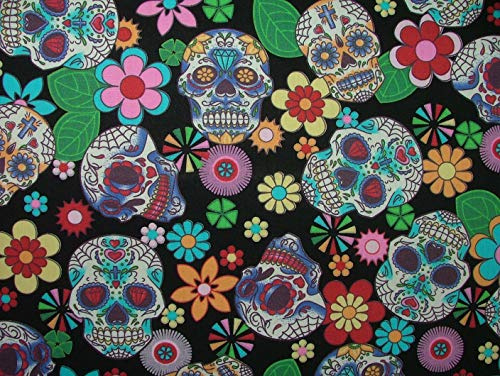Rose & Hubble Dia de Muertos Day of The Dead Fabric, Black, 100% Cotton, 25 cm x 112 cm