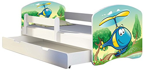 ACMA Kinderbett 160x80 Jugendbett mit Einer Schublade und Matratze, Rausfallschutz, Lattenrost Weiß, stabil, Kinderzimmer Bett, Jugendmöbel Design 35 Hubschrauber