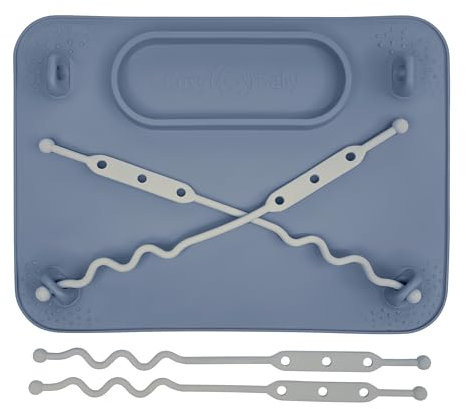 Busy Baby Silicone Placemat As Seen on Shark Tank with Suction Cups and Toy Tethers, Food Grade Silicone (8.5 x 11 in) with Travel Sleeve Dishwasher Safe (Pewter)