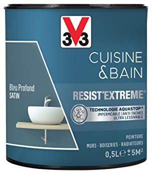 V33 Peinture multi-supports monocouche Cuisine & Bain Resist'Extrême® Satin, Bleu Profond, 0,5L
