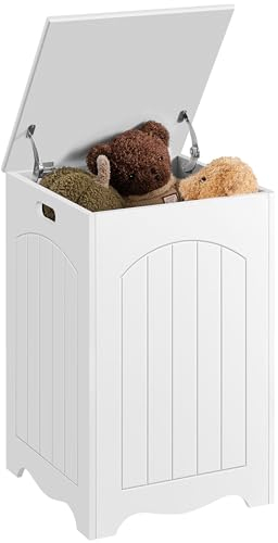 Costoffs Laundry Bin Basket, Wooden Bathroom Organizer Hamper with Lid for Bathroom Laundry Room, White, 40 x 40 x 61cm