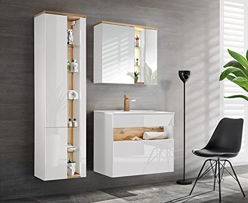 Badmöbel-Set Bahama, Badmöbel-Set, Waschbeckenunterschrank 60 cm, Spiegelschrank, Hochschrank mit Spiegel