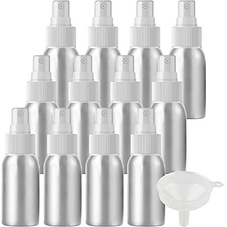 ZEOABSY Pack of 12 Empty 50ml Silver Aluminium Spray Bottle Refillable Aluminum Bottles with White Fine Mist Sprayer Metal Spray Bottles for Perfume Hair Garden Travel, Funnel