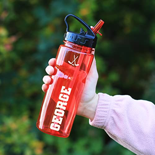 eBuyGB Personalised Water Bottle with Flip Straw for School, Nursery - Reusable BPA Free 650ml Tritan Sports Drinks Travel Bottle Cup for Children, Kids - Any Name (Red)