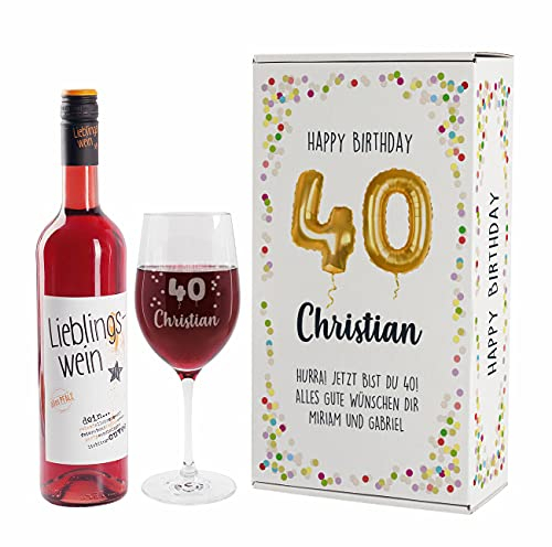Herz & Heim® Geburtstagsset mit Lieblingswein und graviertem Leonardo Weinglas in Geschenkverpackung Rot, 40. Geburtstag