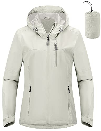 Outdoor Ventures Veste imperméable légère coupe-vent pliable pour femme - Imperméable - Coupe-vent - Pour course à pied - Golf - Cyclisme - Softshell - Avec capuche, gris clair, 42