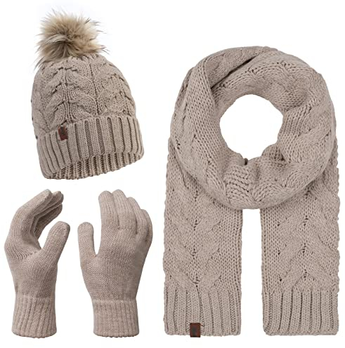 Rock Creek Winter Mütze mit Bommel Schal Set Geschenkset Wintermütze Winterschal Winterhandschuhe Herrenmütze Damenmütze U-101 Beige Einheitsgröße