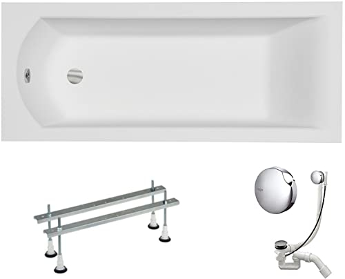 VBChome Baignoire en acrylique - 180 x 80 cm - Blanc - Rectangulaire - Pieds de baignoire - Design moderne - Bonde d'écoulement chromée