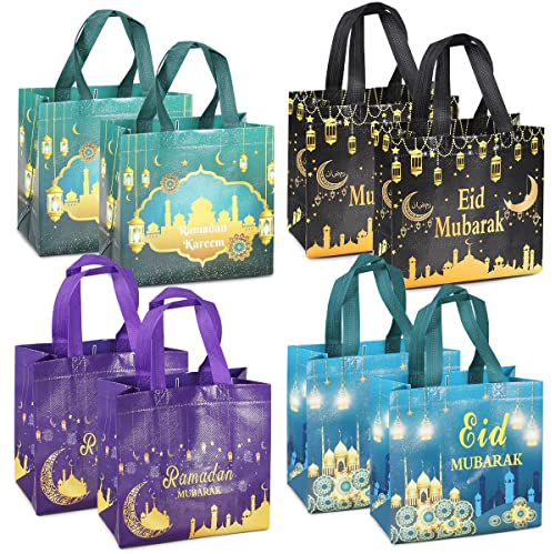8PCS Eid Mubarak wiederverwendbare Geschenktaschen, Ramadan Mubarak Party Taschen, Multifunktionale Non-Woven Eid Taschen für Geschenkverpackung, Ramadan Kareem Party Supplies, 23×22×11cm