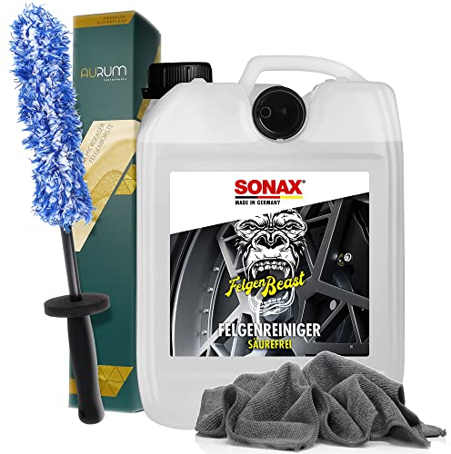 detailmate Felgenreinigungsset: SONAX FelgenBeast Felgenreinger 5 Liter Kanister + Aurum ultraFlat Microfaser Felgenbürste Mikrofasertuch 320GSM