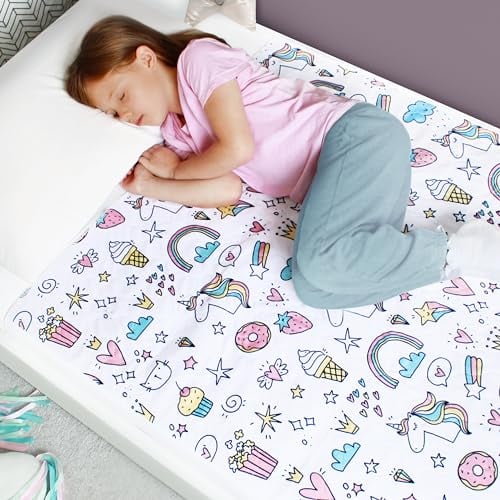 Bettunterlage wasserdicht für Kinder | passend für Einzel-, Kinder- und Babybett I Atmungsaktive, waschbare Matratzenauflage zum seitlichen Einstecken bei Inkontinenz I Matratzenschoner I Einhorn