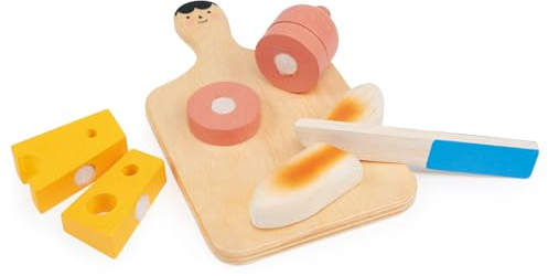mentari Smiley Planche à découper en bois avec planche à découper, couteau, fromage, salami et baguette, 18 cm de large, jeu créatif et imaginatif