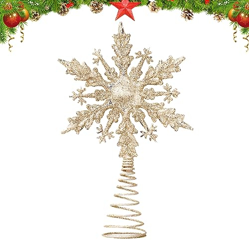Weihnachtsbaum Stern Spitze 21cm Schneeflocke Christbaumspitze Baumspitze Spitze Aufstecker Weihnachtsbaum Stern Gold Baumspitze Stern Silber Weihnachtsbaumspitze Stern für Weihnachtsbaum (Gold)