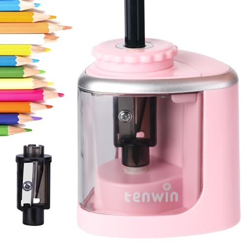 Tihoo tenwin temperamatite, temperamatite elettrico con lama resistente per una rapida affilatura, temperamatite automatico a batteria per matite n.2/matite colorate (6-8mm), rosa