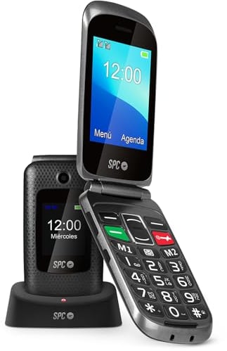 SPC Magnus - Teléfono móvil de Tapa para Mayores con Teclas Grandes, configuración remota, Compatible con audífonos, Timbre Gran Volumen, Doble Pantalla, botón SOS, Base de Carga USB-C - Negro