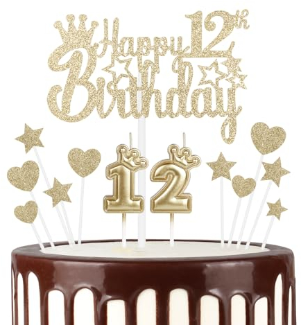 mciskin 12th Happy Birthday Candles Cake Toppers, Crown Number 12 Candle for Cake, Girls 12th Birthday Decoration, Cake Candle Cake Topper for Women Birthday Party Wedding Anniversary (Champagne Gold)