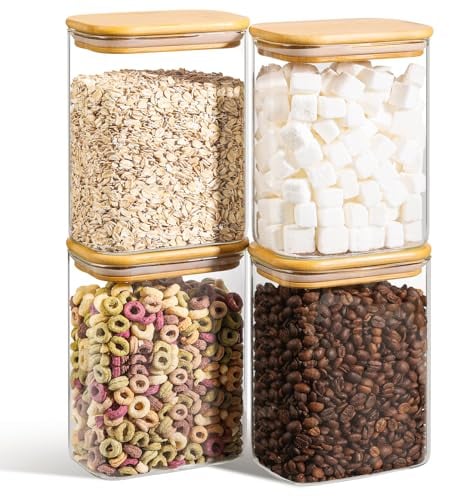 ComSaf 1100ml Rectangle Glass Storage Containers with Lids, Glass Jars with Bamboo Lids, Clear Food Storage Jar, Sugar Coffee Containers, Pantry Storage Container for Pasta Tea Candy Nuts