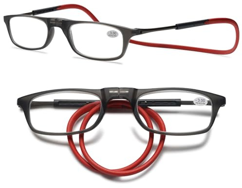 MAGIMODAC Damen Herren Lesebrille Faltbar Magnetverschluss Lesehilfe Sehhilfe Magnetische Lesebrillen mit flexiblem Halteband Grau Rot 3.00