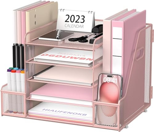 SUPTIDY Mesh Schreibtisch Organizer mit Aktenhalter, 5-Tier Papier Brief Tray Organizer mit Zeitschriftenhalter, Desktop Organizer und Lagerung mit Schublade für Bürobedarf Zuhause oder Schule, Rosa