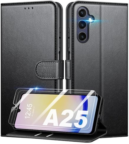 Mofurd Coque pour Samsung Galaxy A25 5G + 2 Pièces Verre Trempé, [RFID Blocage] Étui de Protection Housse Premium en Cuir PU, [Fentes pour Cartes] Pochette de Portefeuille Etui à Rabat - Noir