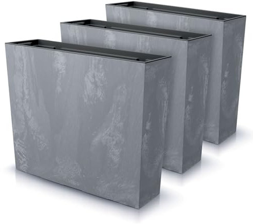 IMJ-Global Juego de 3 macetas rectangulares para flores, plantas Urbi, efecto Beton, de plástico, 58 x 18 x 49,8 cm, para interior y exterior, grises oscuros, 44 litros, diseño moderno