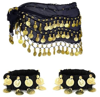XDGBGFN Bauchtanz Hüfttuch mit Armband, Damen Bauchtanz Accessoires Gürtel Chiffon Hüfttuch Bauchtanz Hüfttuch Gürtel (DE/NL/SE/PL, Alphanumerisch, Einheitsgröße, Regular, Regular, Schwarz)