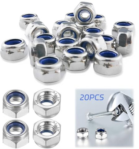 M6 Nylon Insert Lock Nuts, 20pcs 6mm Stainless Steel Hex Insert Lock Nuts, Self-Locking Nut with Nylon Inserts for Washer Bolts & Screws for Assembling and Fastening, Silver
