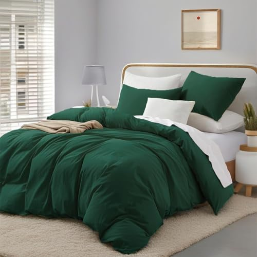 Gezu Parure de lit 155x220 en coton vert foncé 3 pièces couleur lin uni vert foncé Ensemble de literie pour lit double avec housse de couette et taies d'oreiller 80x80cm à fermeture éclair avec