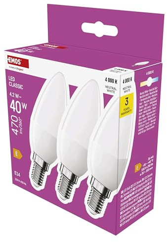 EMOS LED Lampe Candle 3er Pack, 4,2W Ersatz für 40W Glühbirne, Kerzenlampe mit E14 Sockel, Helligkeit 470 lm, Neutralweiß 4000 K, 30000 h Lebensdauer, CRI min. 80, 240° Abstrahlwinkel