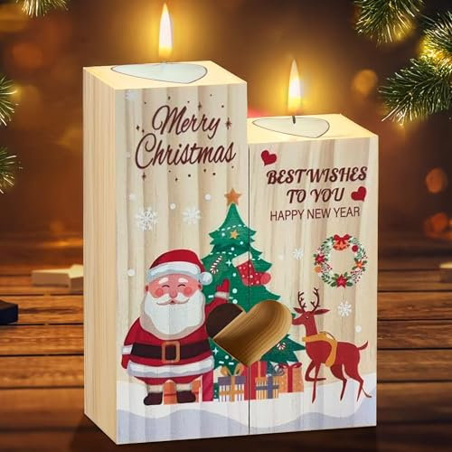 Regali di Natale per la Mamma - Portacandele Natalizio in Legno con Motivi Festivi, Decorazione Rustica per Tavolo e Bar, Portacandele per Tealight, Regalo Perfetto per le Feste